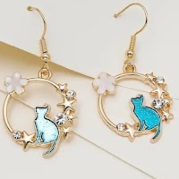 Cute Cat Earrings Geometric Circle Drop Gold Color Dangles - Picture 3 of 4